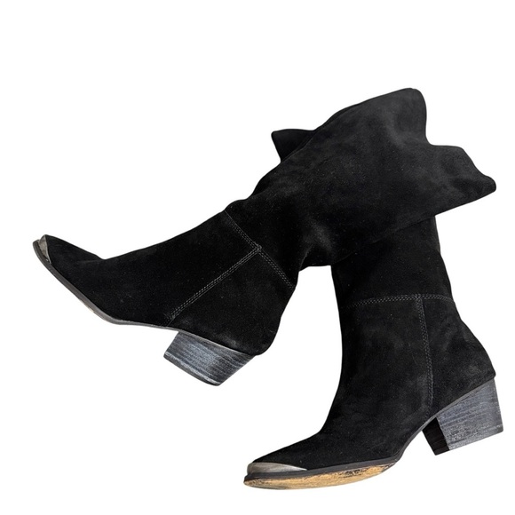 Vintage Y2K 90’s Slouchy Black Western Boho Slouchy Suede Silver Toe Tap Boots - Picture 2 of 16